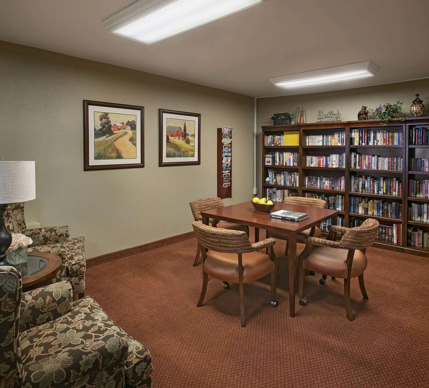Library area of American House Carpenter, a senior living community in Ypsilanti, Michigan