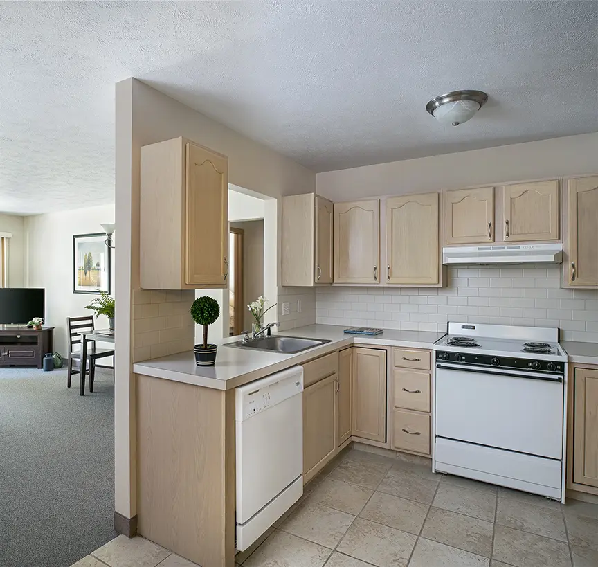 Senior apartment kitchen at American House campus in Spring Lake, MI
