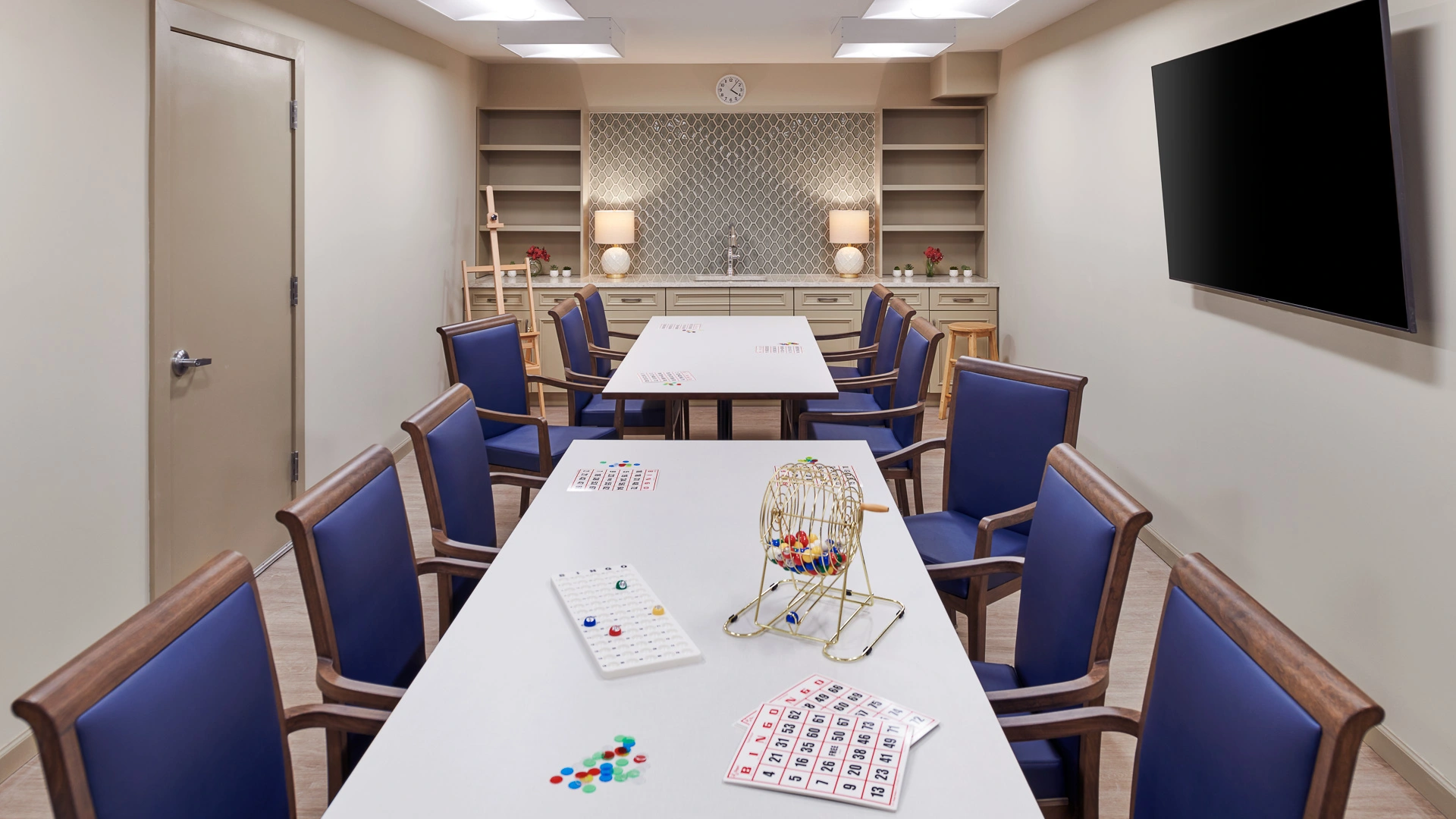 Activity room with bingo game set up at American House Senior Living in Bloomfield Hills, MI