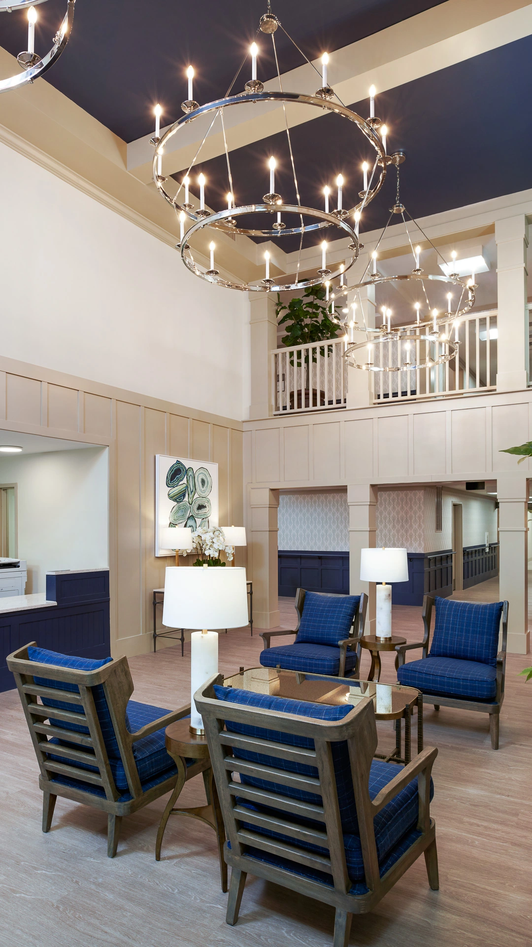 Entryway and atrium with chandeliers in retirement community in Bloomfield Hills, MI
