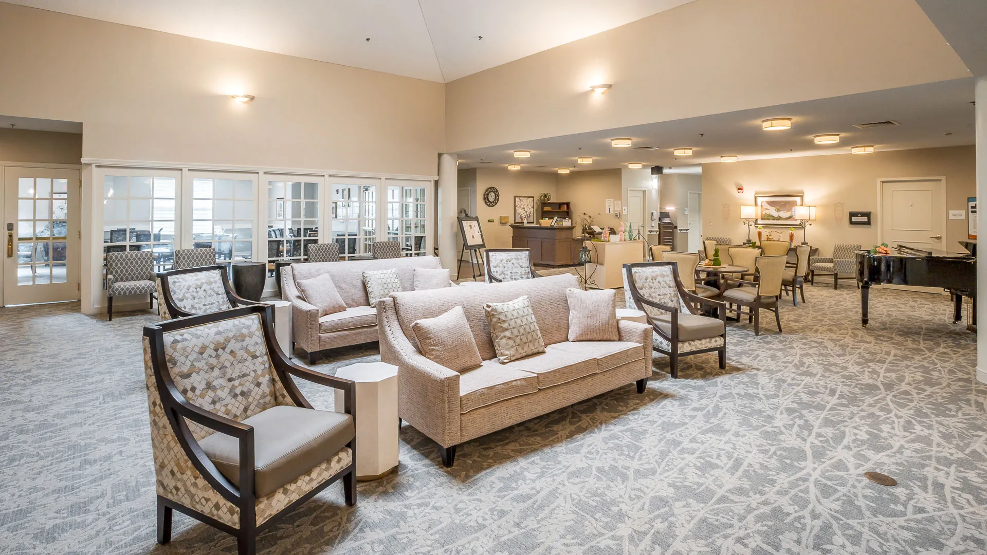 American House Bristol assisted living and memory care facility lobby with piano