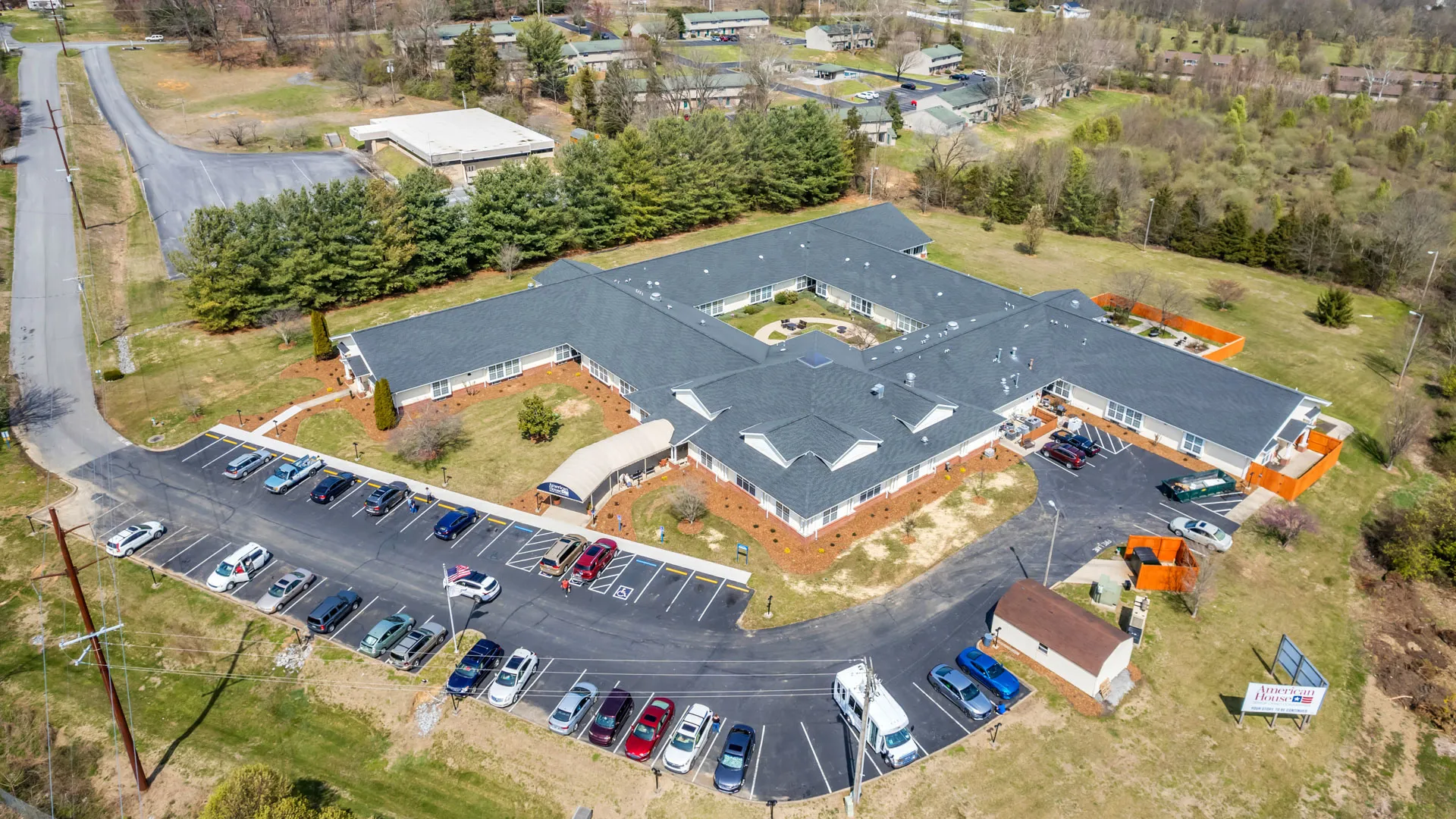 Full Aerial view of American House campus in Johnson City Assisted Living Facility