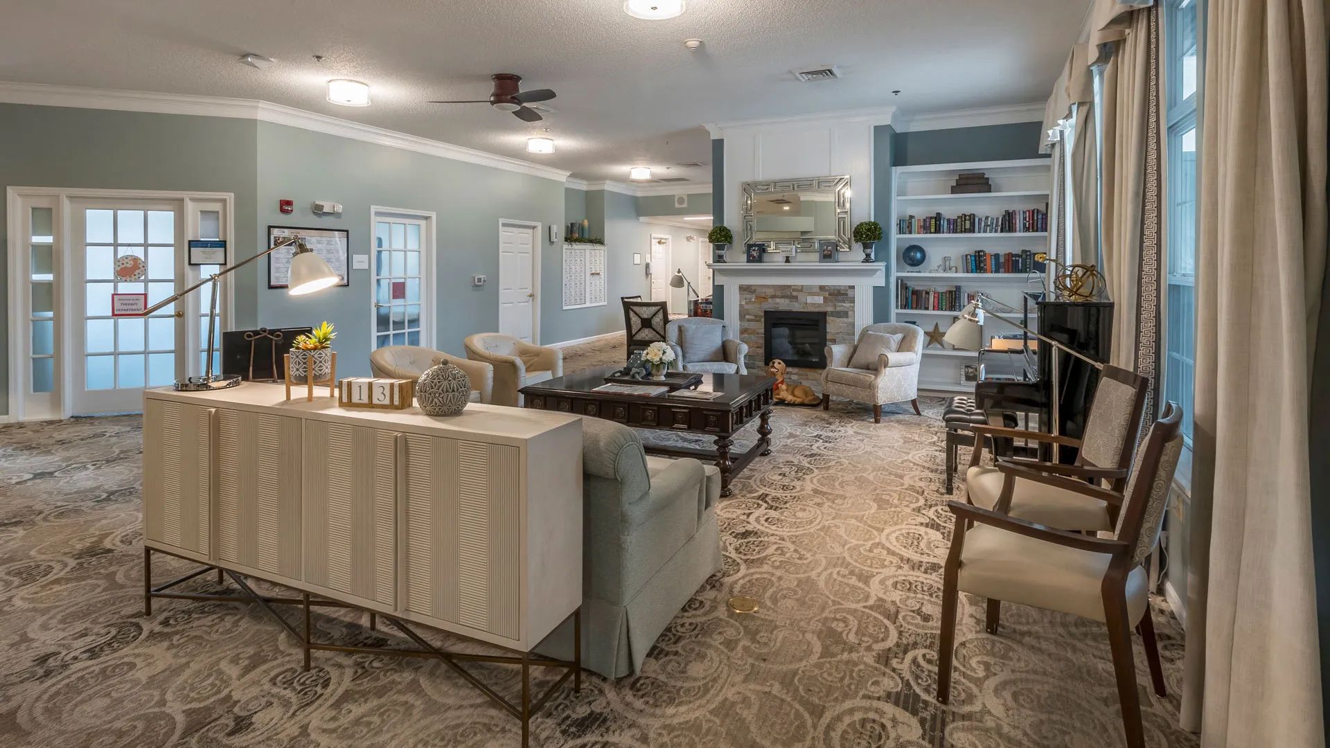 Fireplace and sitting area at American House Lebanon assisted living and memory care facility