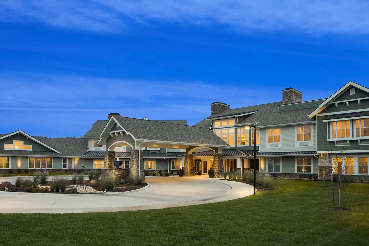 Twilight Exterior of American House Burlington Creek Assisted Living in MO