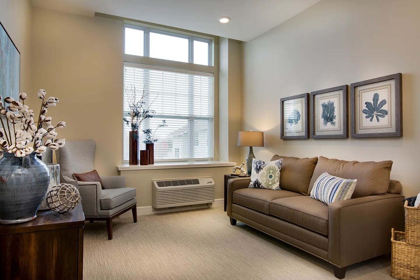 Model living room at American House Burlington Creek, an assisted living community in Town and Country, MO