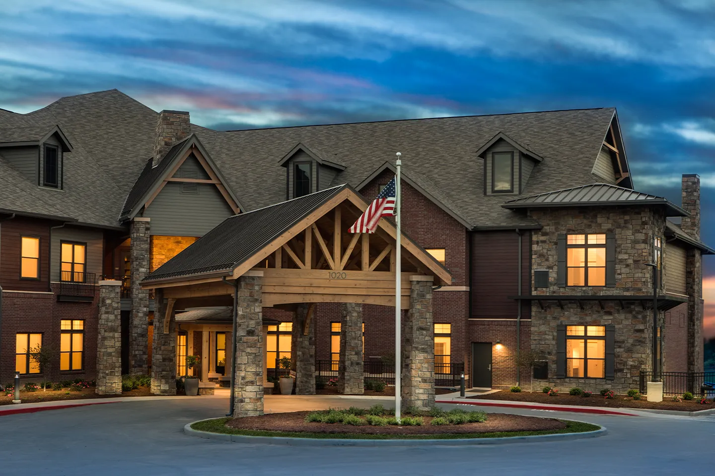 Twilight Exterior of American House Town and Country Assisted Living in MO