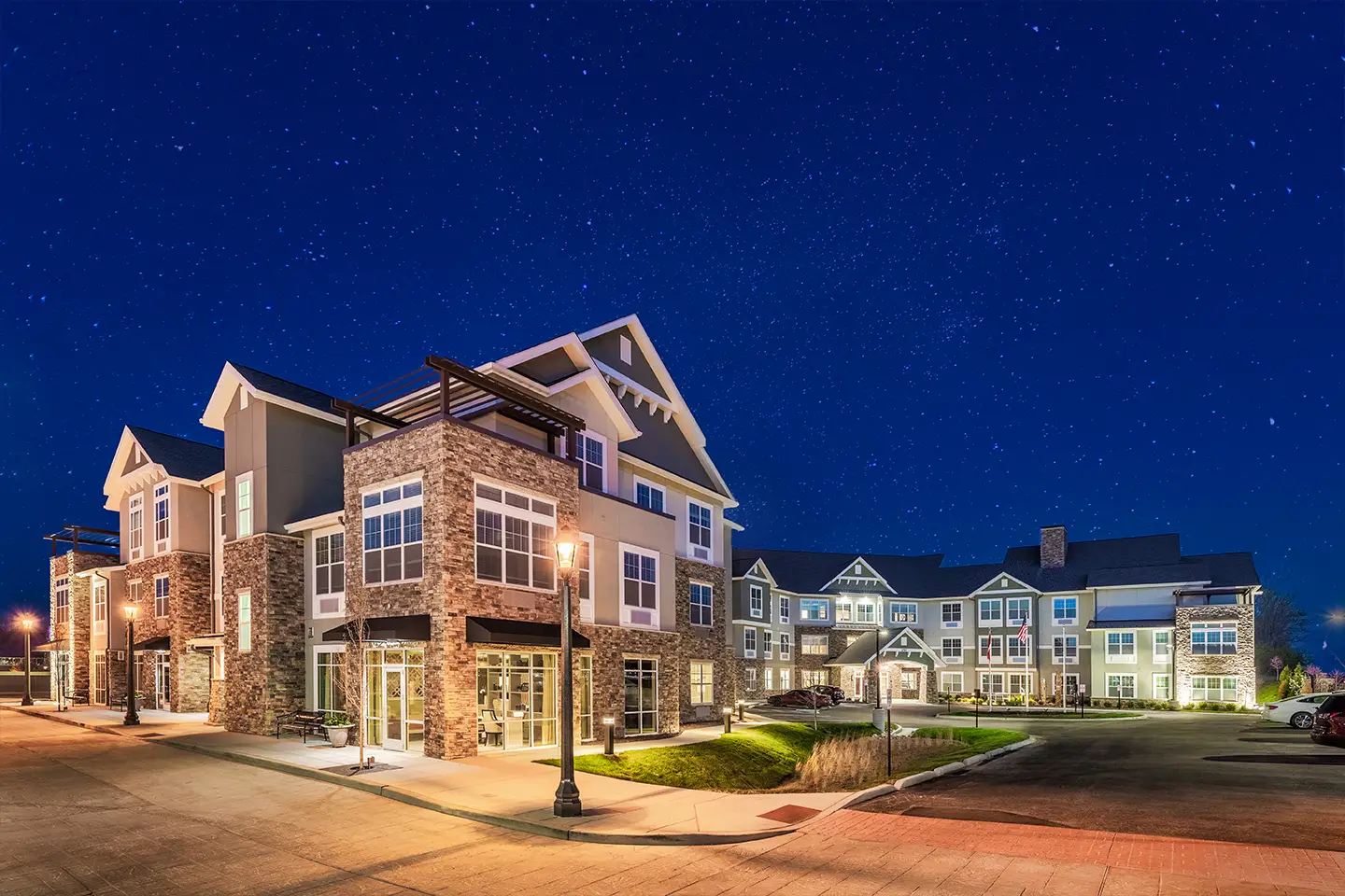 Twilight Exterior of American House Wildwood Village Assisted Living in MO