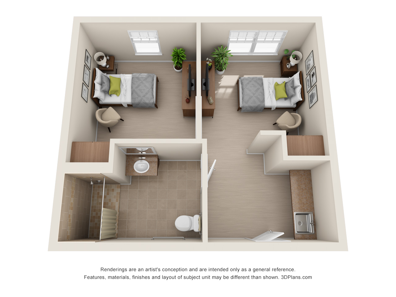 Memory care 2BR companion floor plan at American House Freedom Place in Rochester Hills