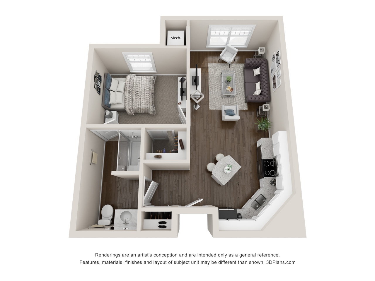 Independent Living 1 bedroom apartment 3D floorplan in St. Clair Shores, Michigan