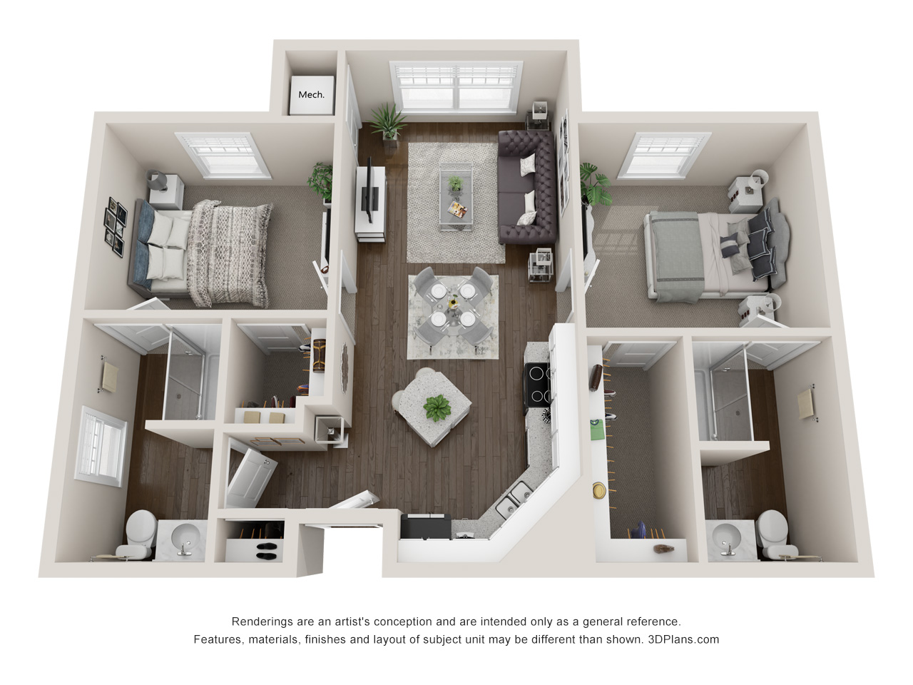 Independent Living 2 bedroom apartment 3D floorplan in St. Clair Shores, Michigan