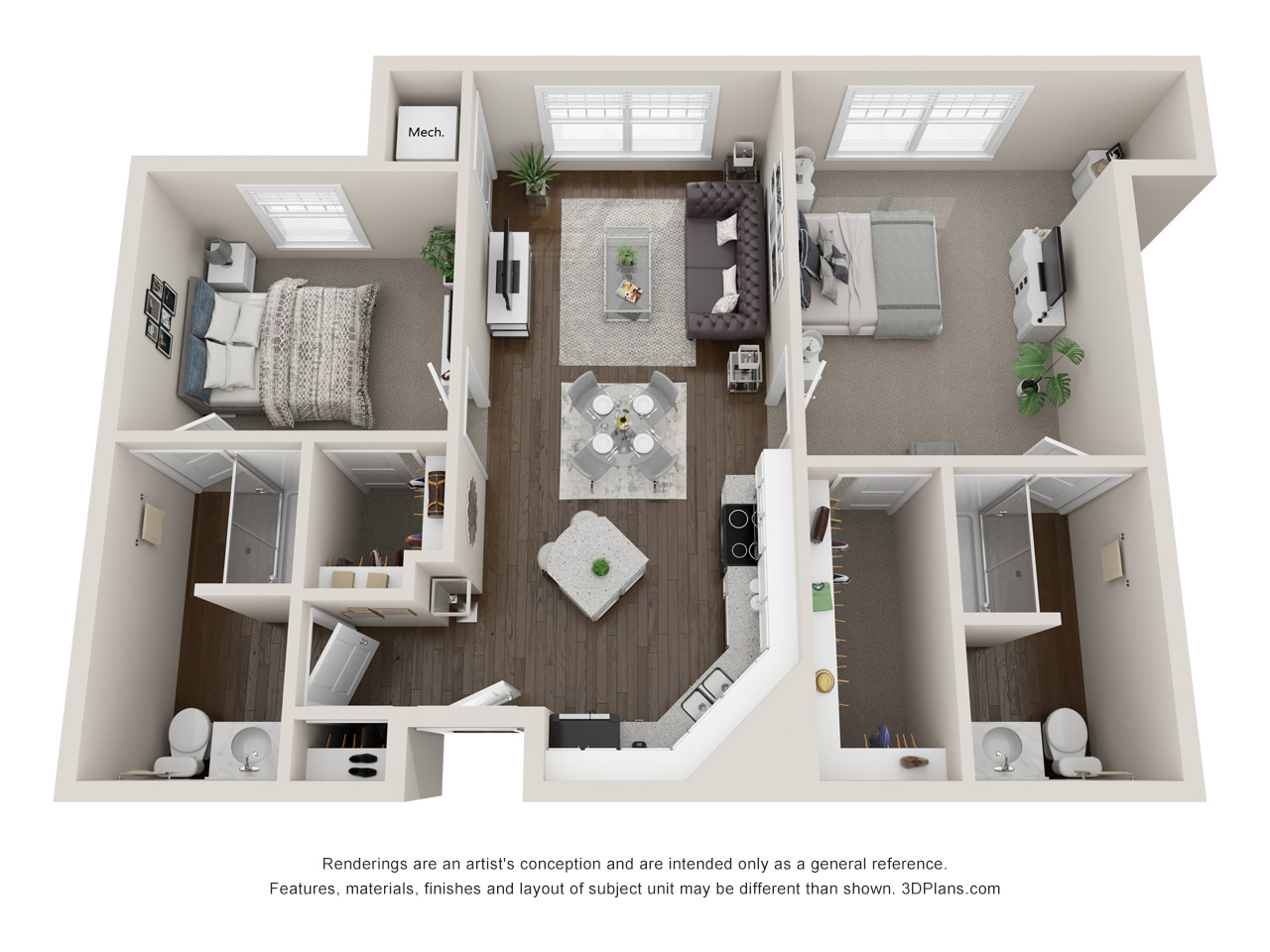 Independent Living 2 bedroom apartment 3D floorplan in St. Clair Shores, Michigan