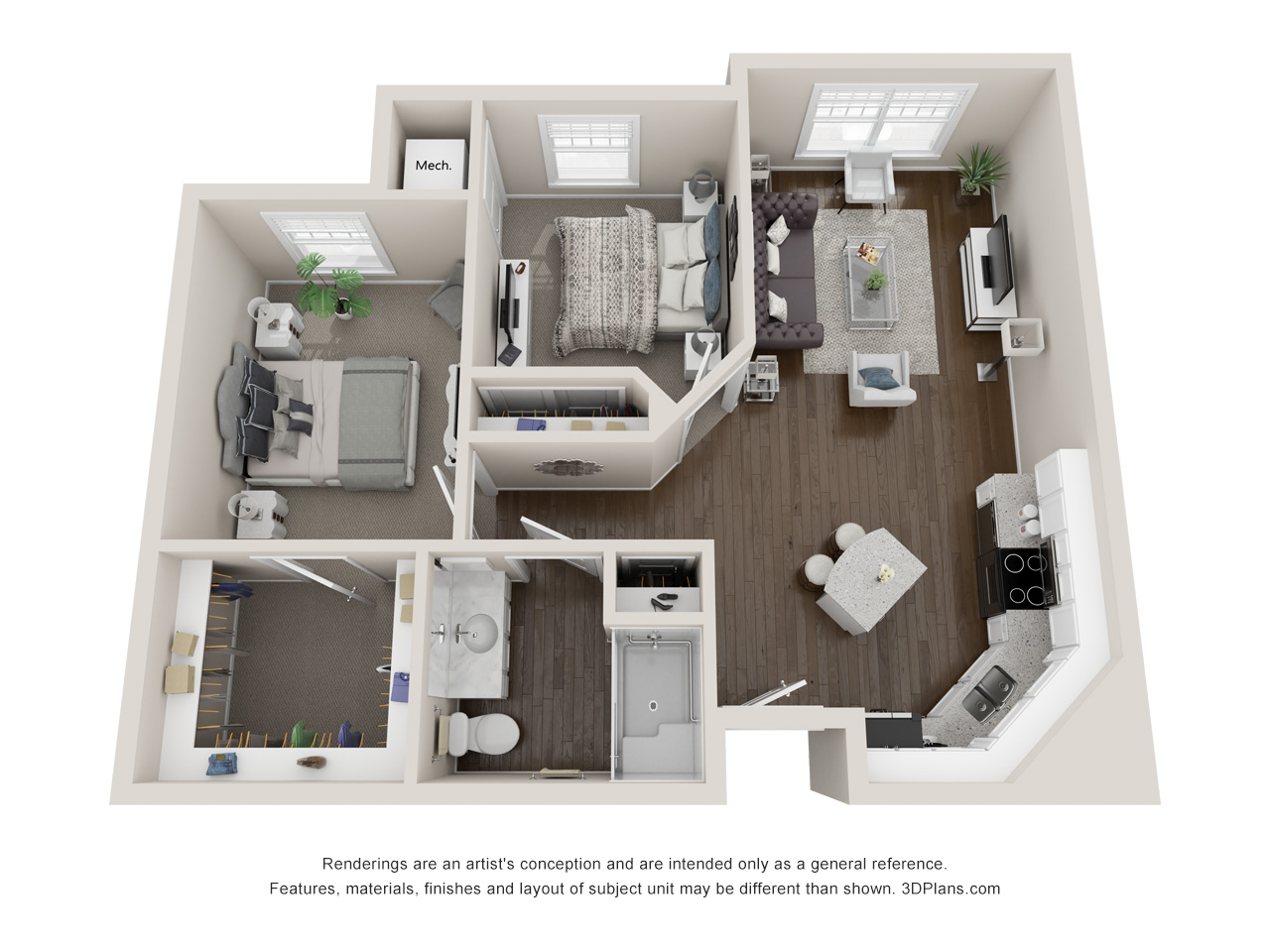 Independent Living 2 bedroom apartment 3D floorplan in St. Clair Shores, Michigan