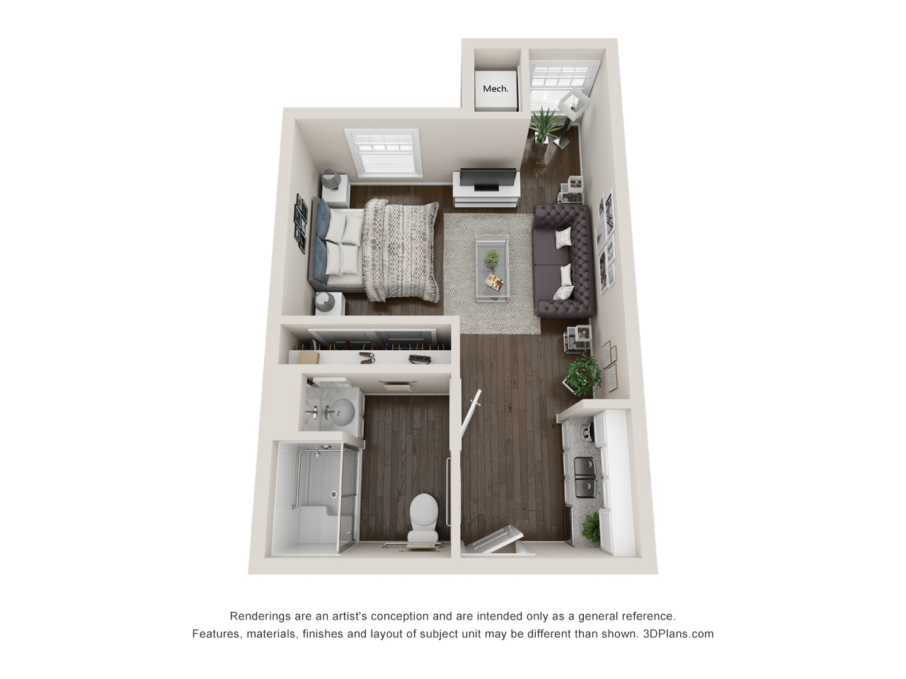 Memory Care studio apartment 3D floorplan in St. Clair Shores, Michigan