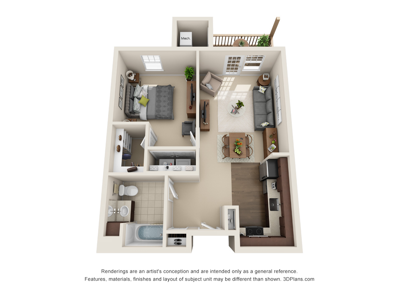 Independent Living 1 Bedroom Apartment 3D Floorplan in Milford Michigan