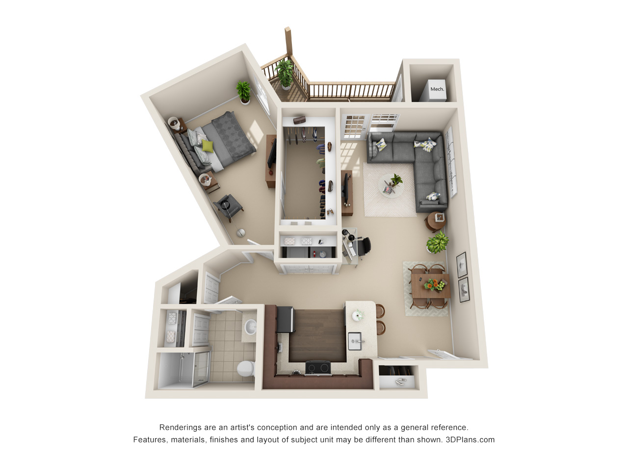 Independent Living 1 Bedroom Apartment 3D Floorplan in Milford Michigan