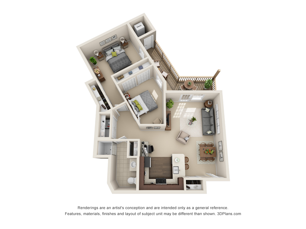 Independent Living 2 Bedroom Apartment 3D Floorplan in Milford Michigan