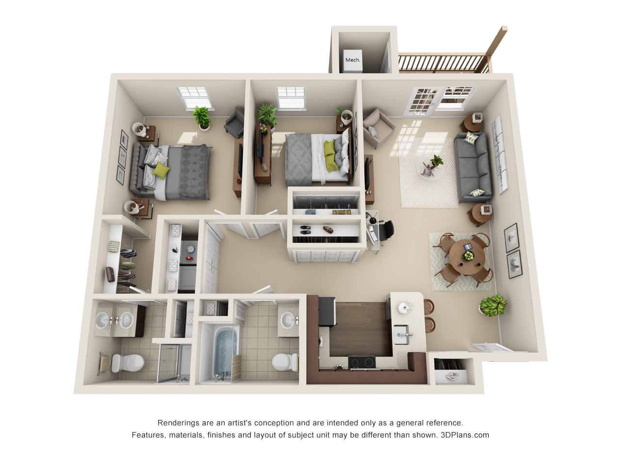 Independent Living 2 Bedroom Apartment 3D Floorplan in Milford Michigan