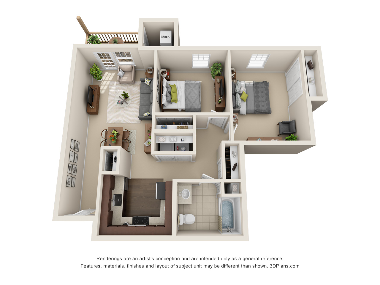 Independent Living 2 Bedroom Apartment 3D Floorplan in Milford Michigan