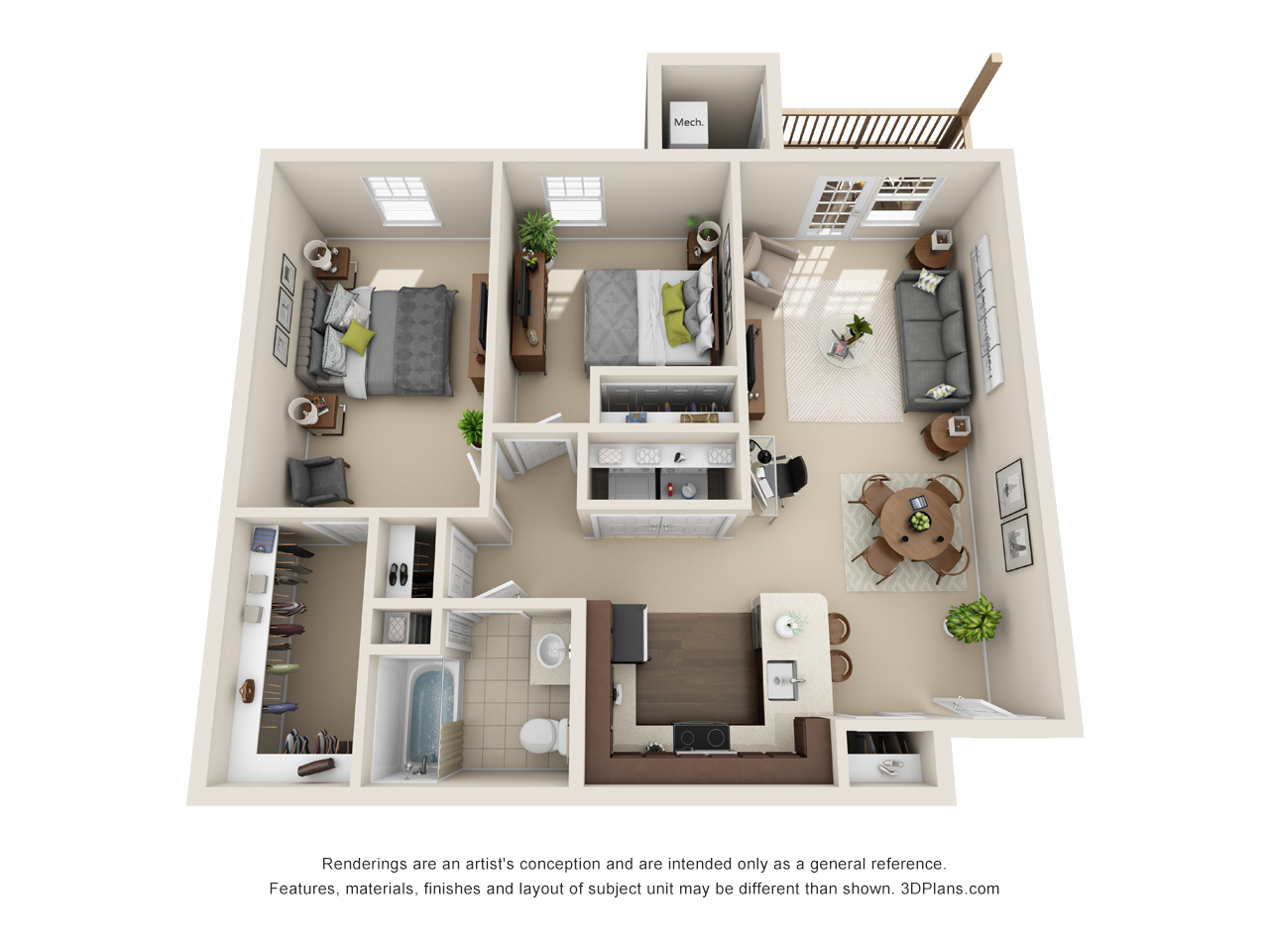 Independent Living 2 Bedroom Apartment 3D Floorplan in Milford Michigan