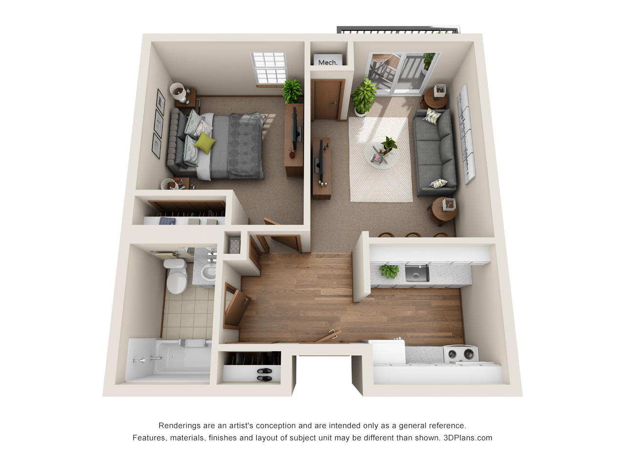 Independent Living 1 Bedroom Apartment 3D Floorplan in Riverview Michigan