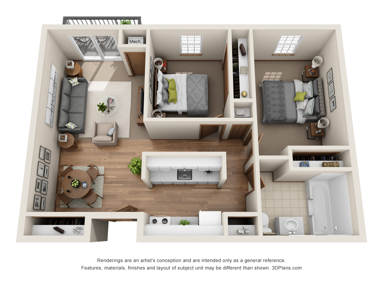 Independent Living 2 Bedroom Apartment 3D Floorplan in Riverview Michigan