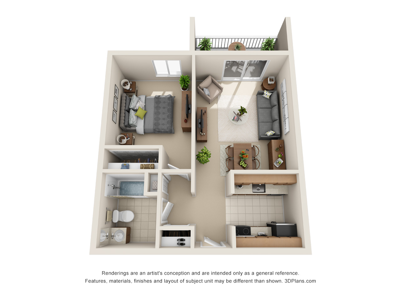 3D Floor plan of retirement home apartment, with one bedroom one bathroom and balcony..