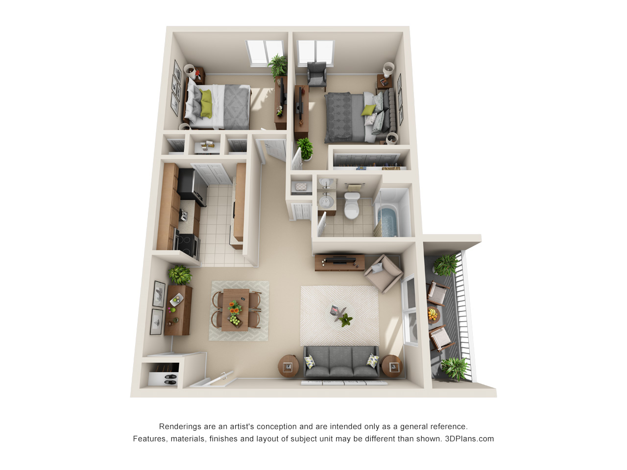 3D Floor plan of independent living apartment, with 2 bedroom one bathroom.