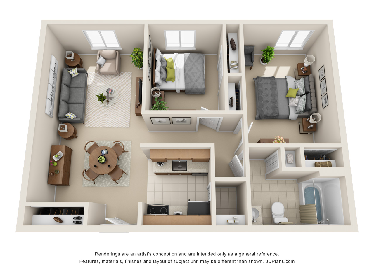 3D Floor plan of elder home apartment, with 2 bedroom one bathroom.