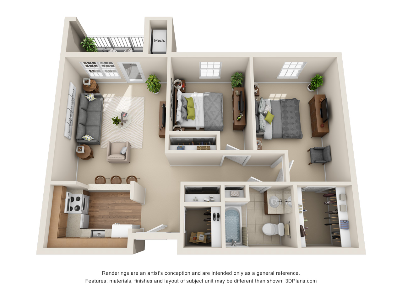 Floor Plan of 2 Bedroom Apartment with Balcony at American House Troy Assisted Living
