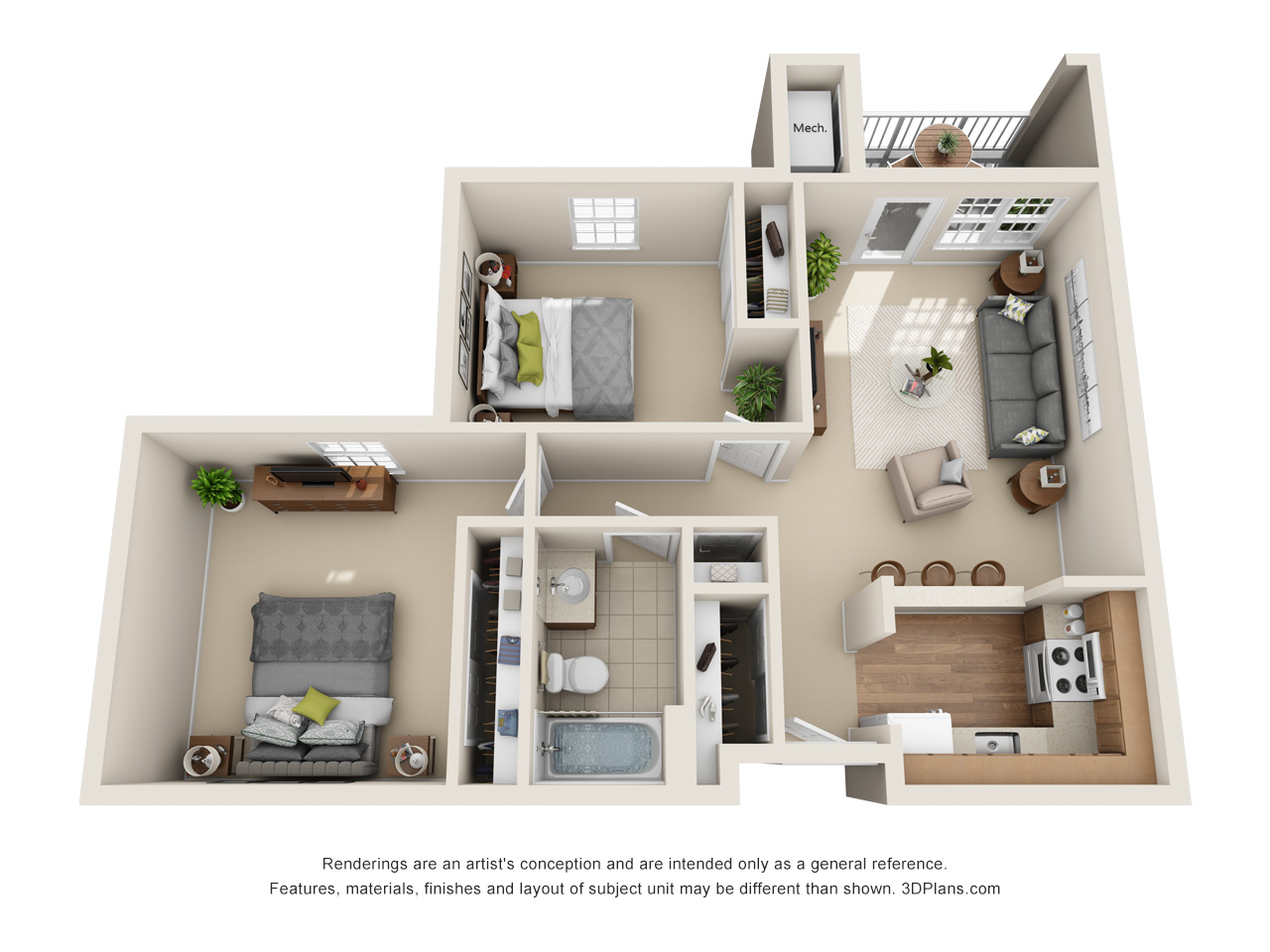 Floor Plan of Large 2 Bedroom Apartment with Balcony at American House Troy Assisted Living