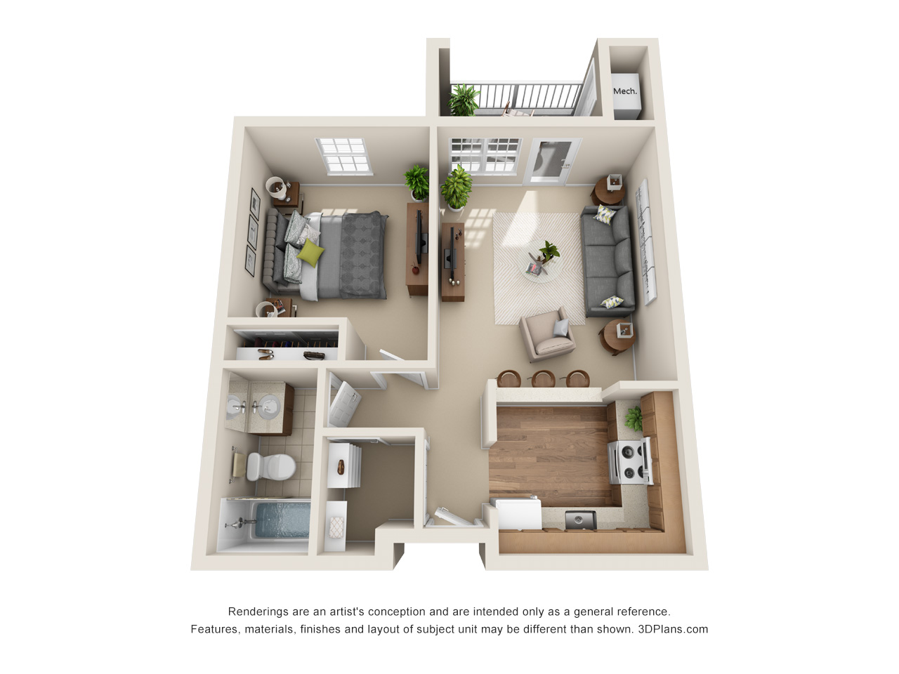 Floor Plan at American House Troy Assisted Living apartment, with one bedroom one bathroom.