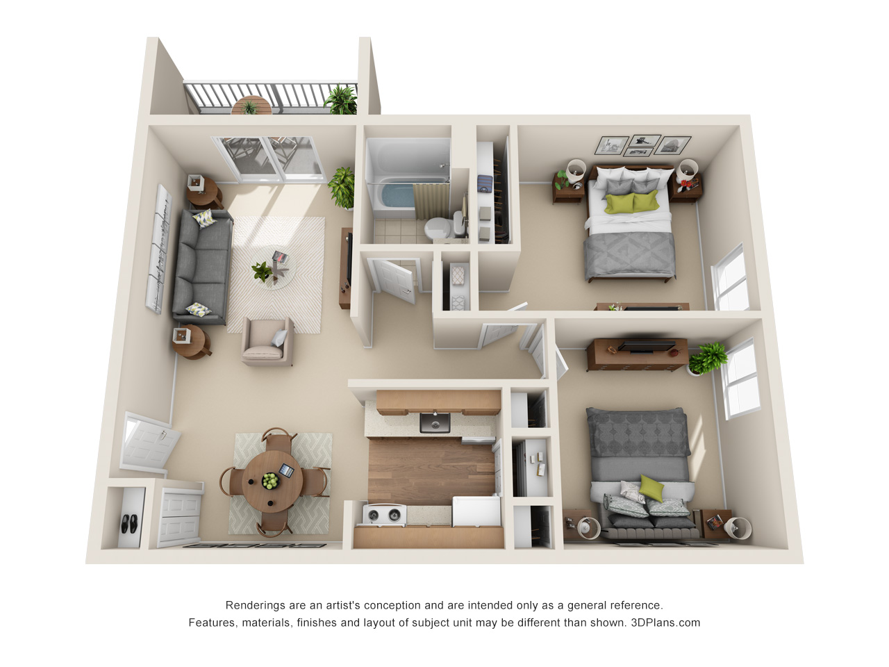 Independent Living 2 bedroom apartment 3D floorplan in Westland, Michigan