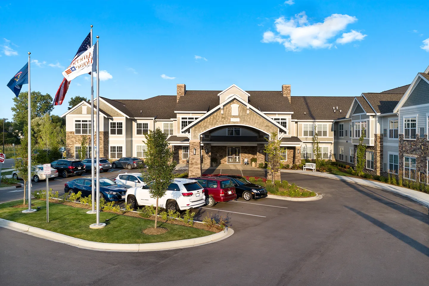 Exterior of American House Hampton Village senior living facility in Rochester Hills