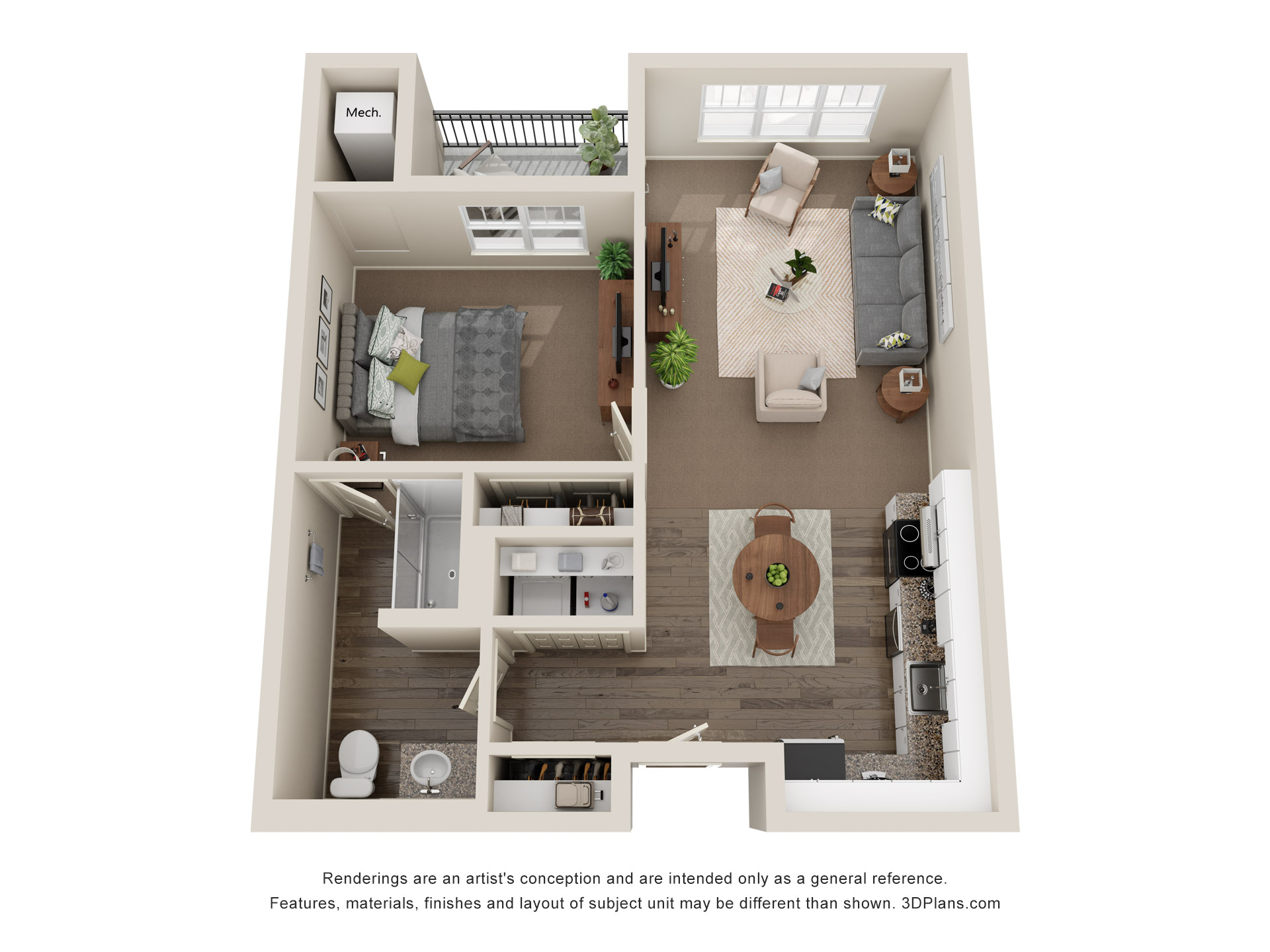 Floor Plan at American House Meridian Independent Living Unit With Balcony and Laundry