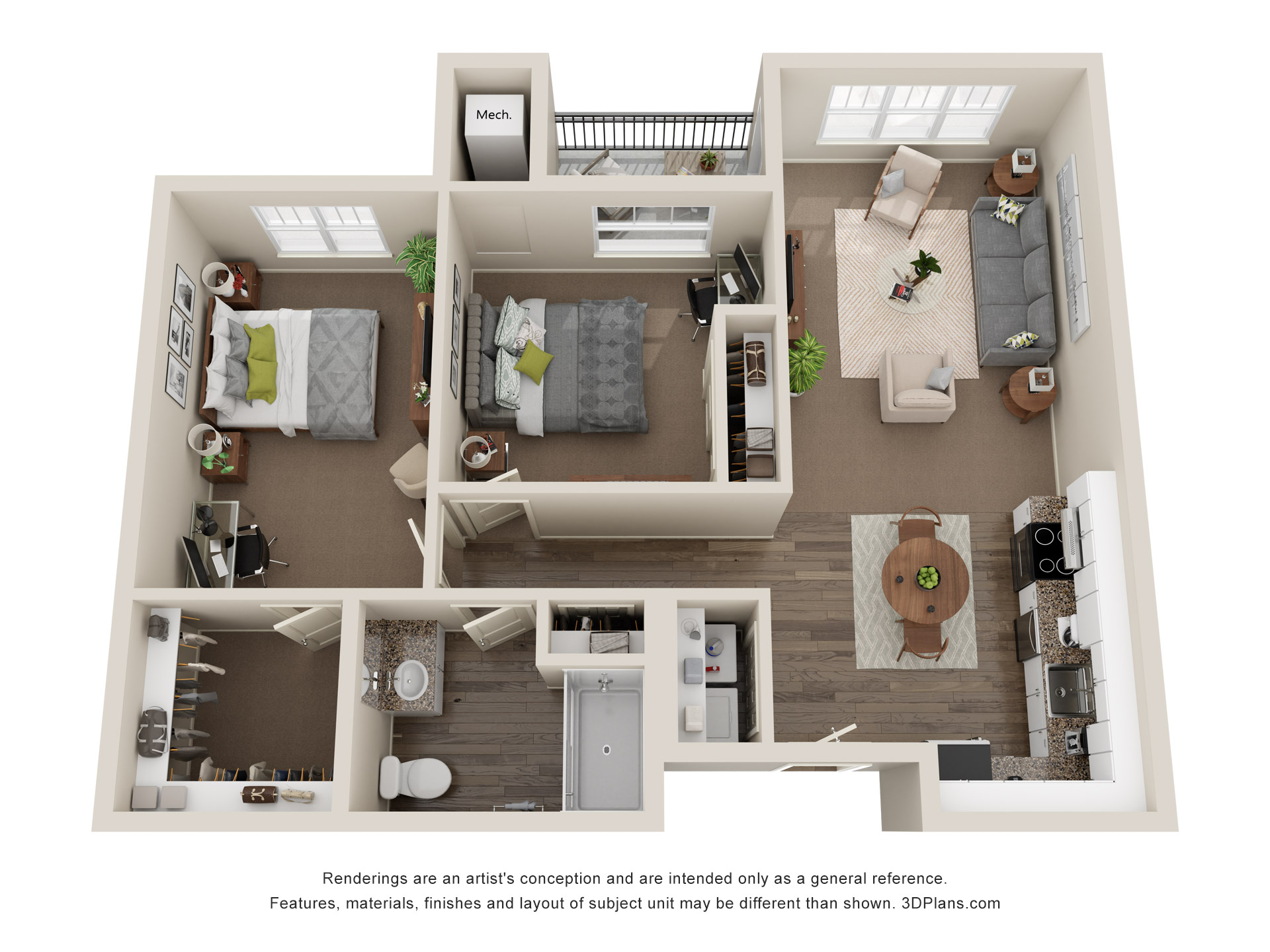 2 BR Floor Plan at American House Meridian Independent Living Unit With Laundry and Balcony