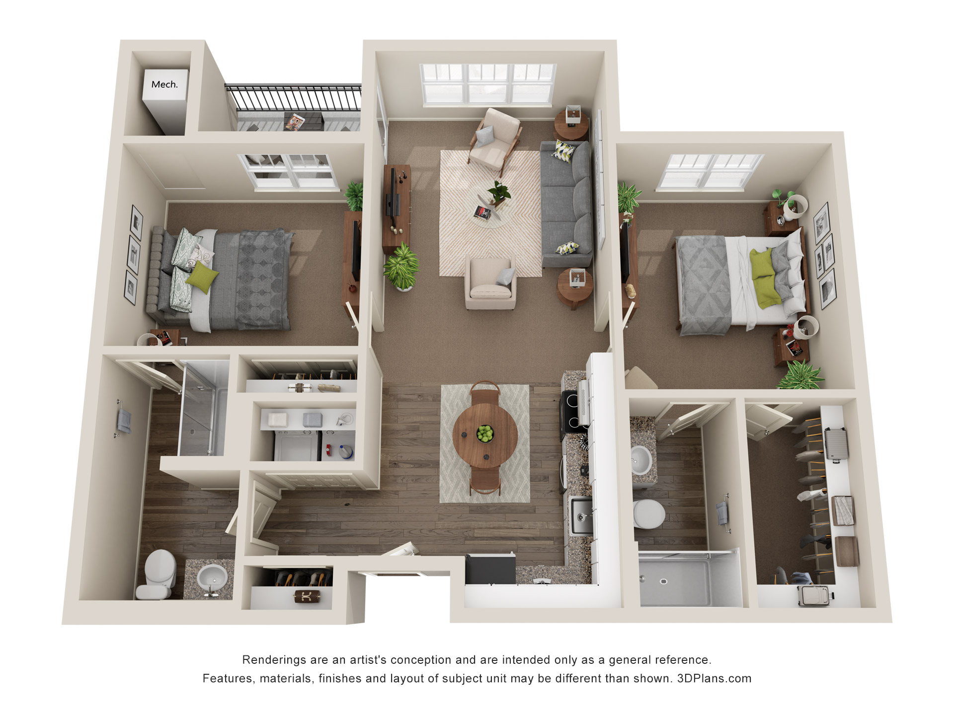 2 BR2BA Floor Plan at American House Meridian Independent Living Unit With Laundry and Balcony