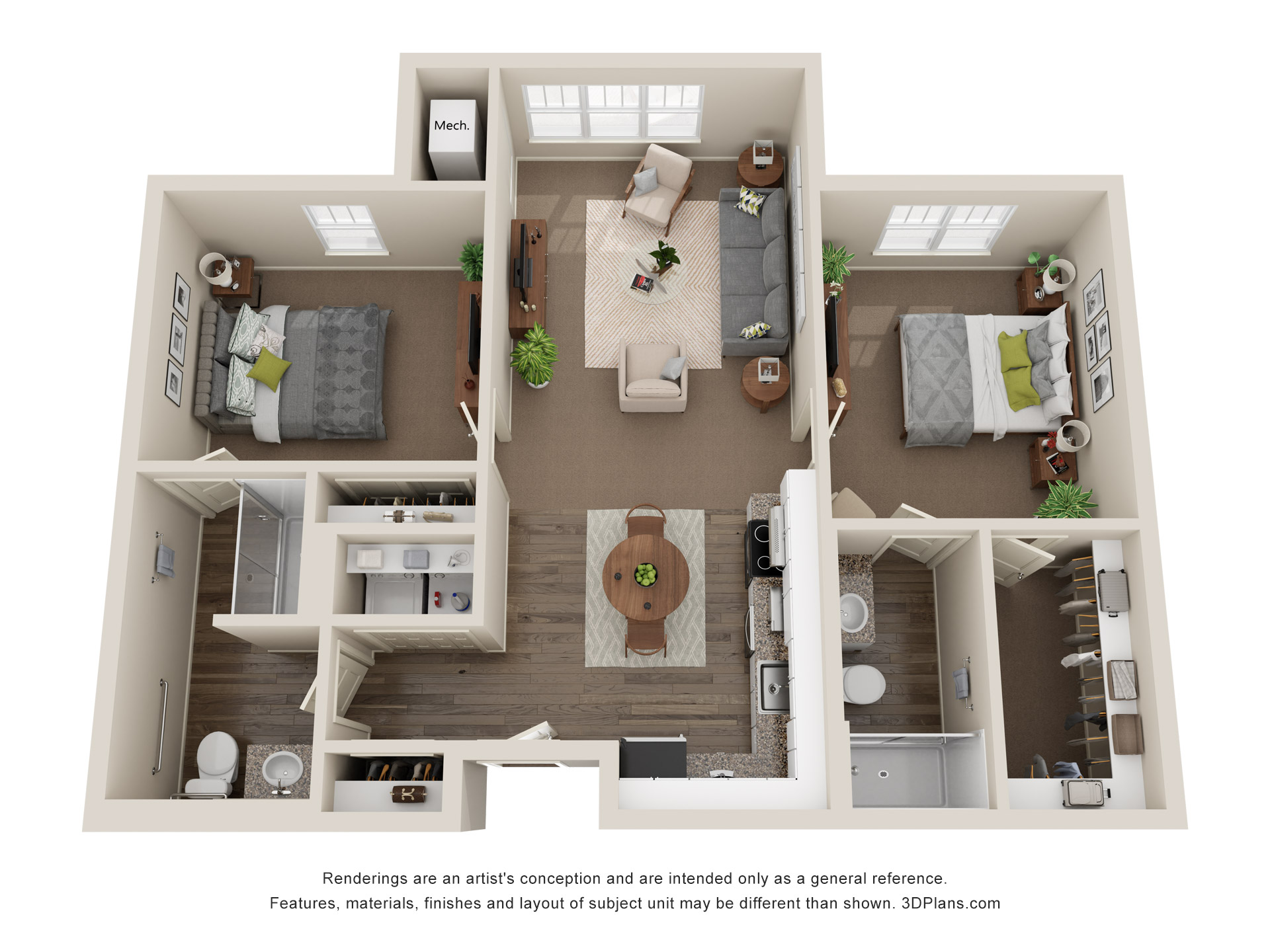 2 BR 2 BA Floor Plan at American House Meridian Independent Living Unit With Laundry