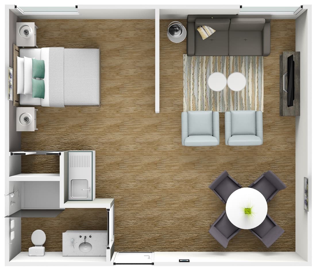 American House Brentwood assisted living and memory care 1 BR 435 sq feet floor plan