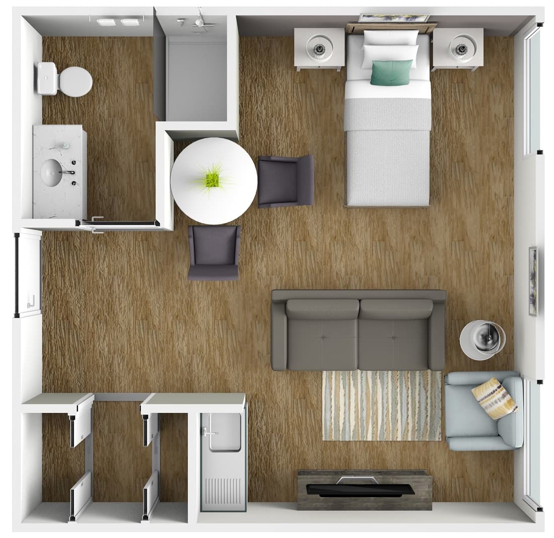 3D floorplan for large studio and 1 bathroom assisted living apartment in Brentwood, TN