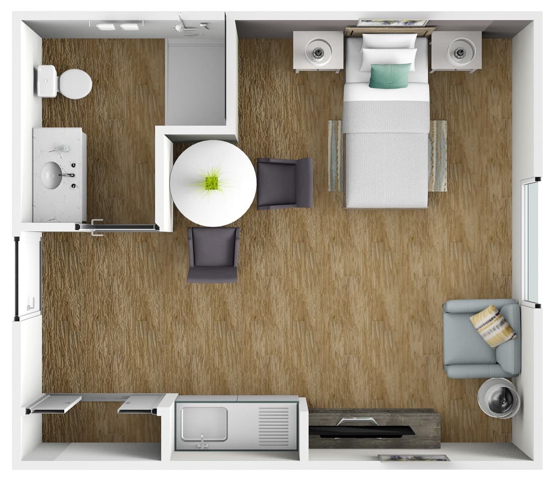 3D floorplan for studio and 1 bathroom independent living apartment in brentwood tn