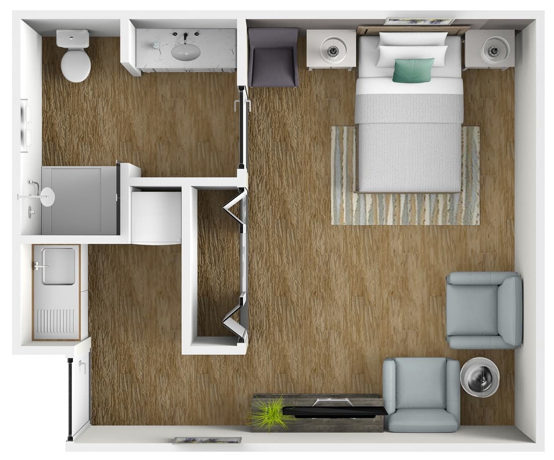 Memory care large studio floor plan at American House Hamilton Place in Chattanooga