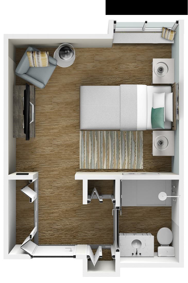 Assisted Living Memory Care Large 340 sq ft Studio floor plan at American House Kingsport