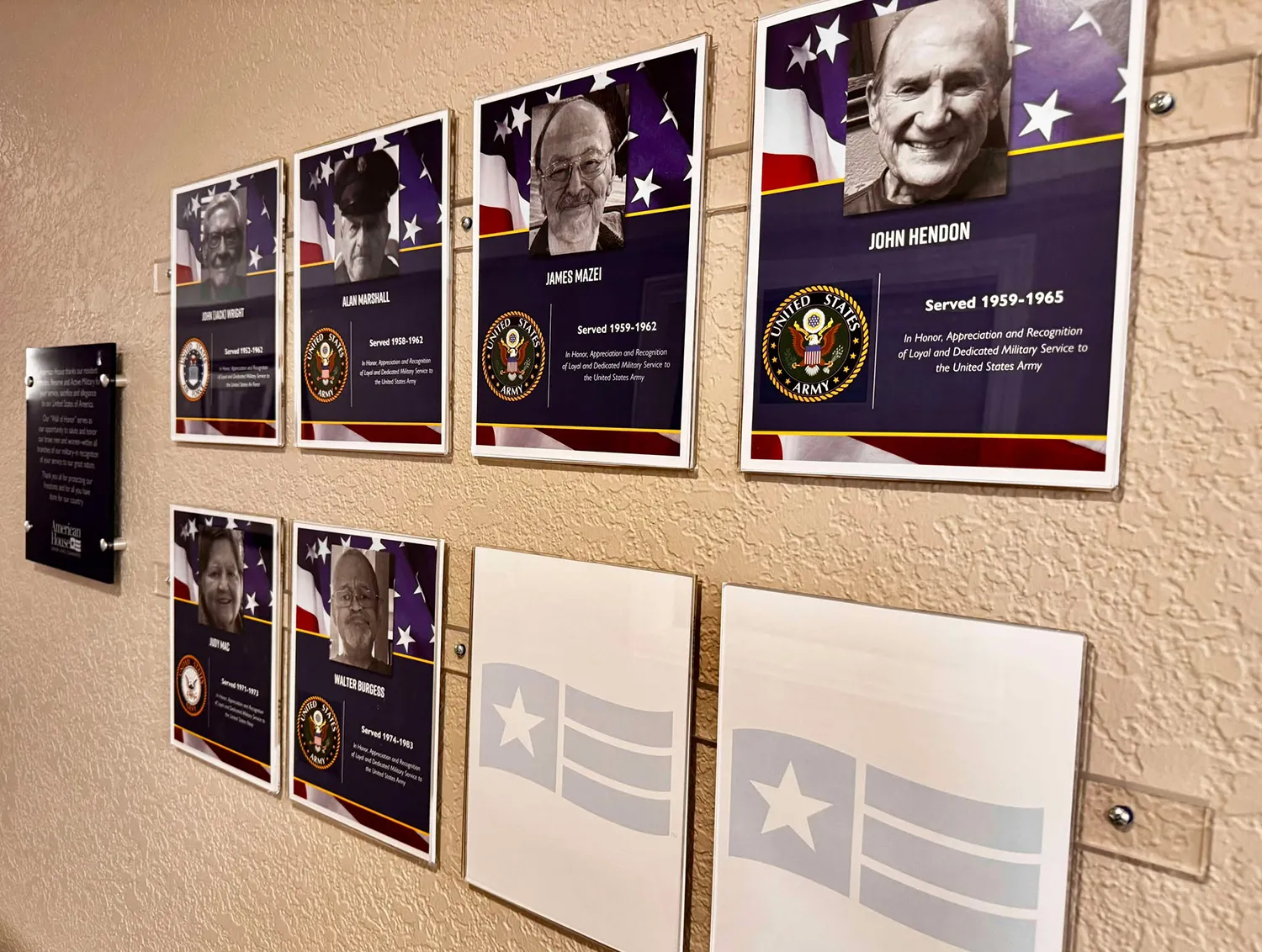 Veteran's honor wall at American House Westland Joy