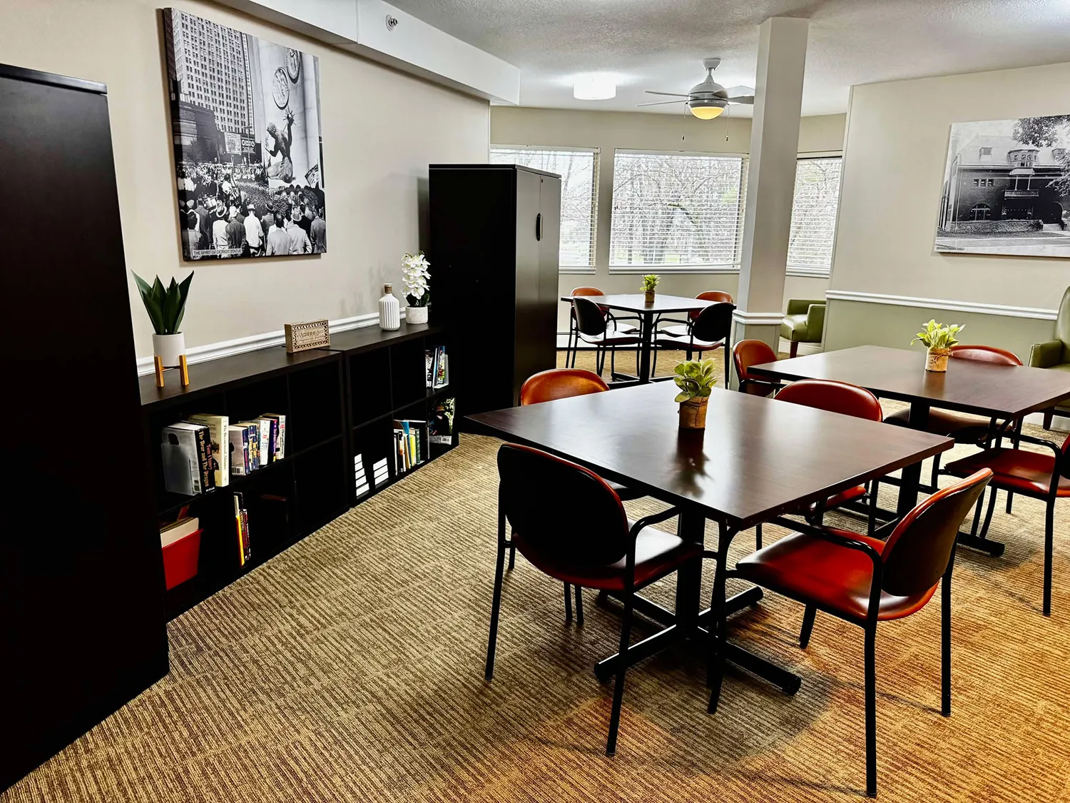 Activity room and book shelf area at Westland Senior living
