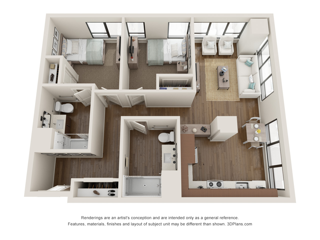 Assisted Living 2 Bedroom Apartment 3D Floorplan in Oak Park Illinois