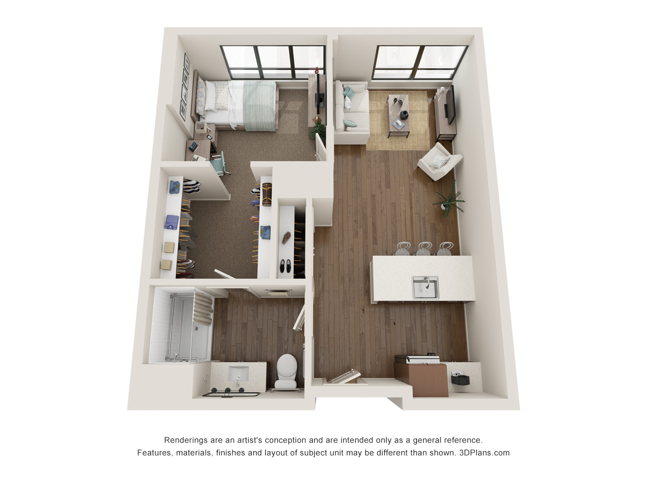 Assisted Living 1 Bedroom Apartment 3D Floorplan in Oak Park Illinois