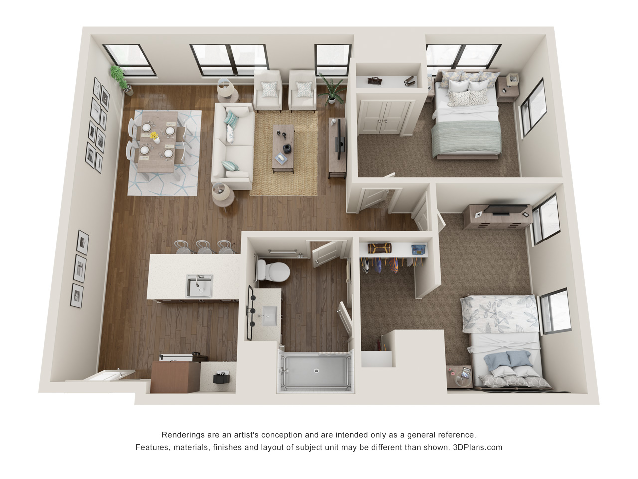 Assisted Living 2 Bedroom Apartment 3D Floorplan in Oak Park Illinois