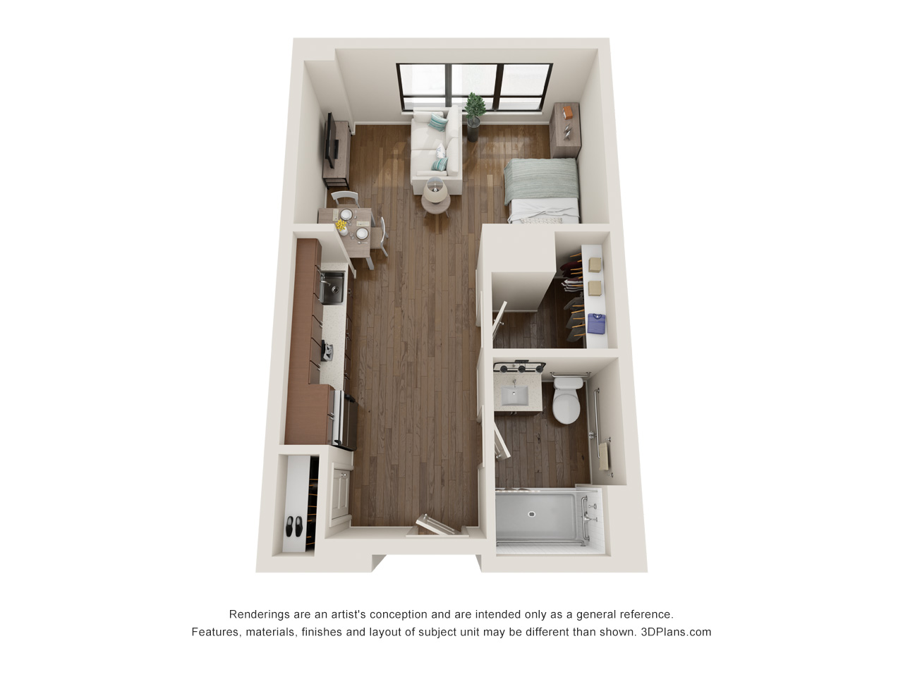 Studio 1 Bathroom Apartment 3D Floorplan in Oak Park Illinois