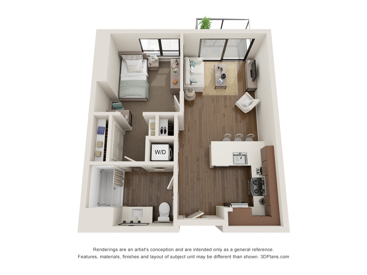 Independent Living 1 Bedroom Apartment 3D Floorplan in Oak Park Illinois