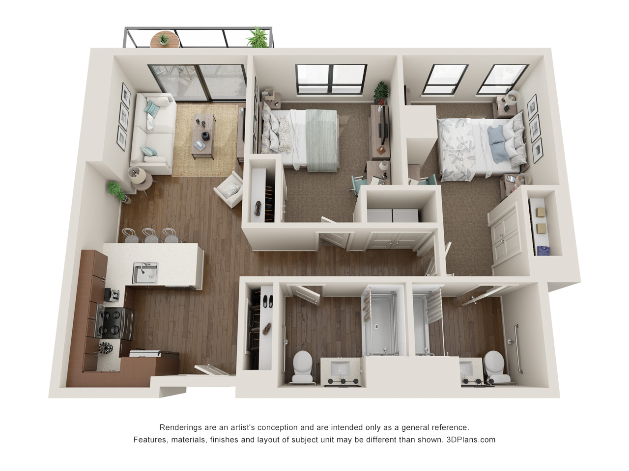 Independent Living 2 Bedroom Apartment 3D Floorplan in Oak Park Illinois